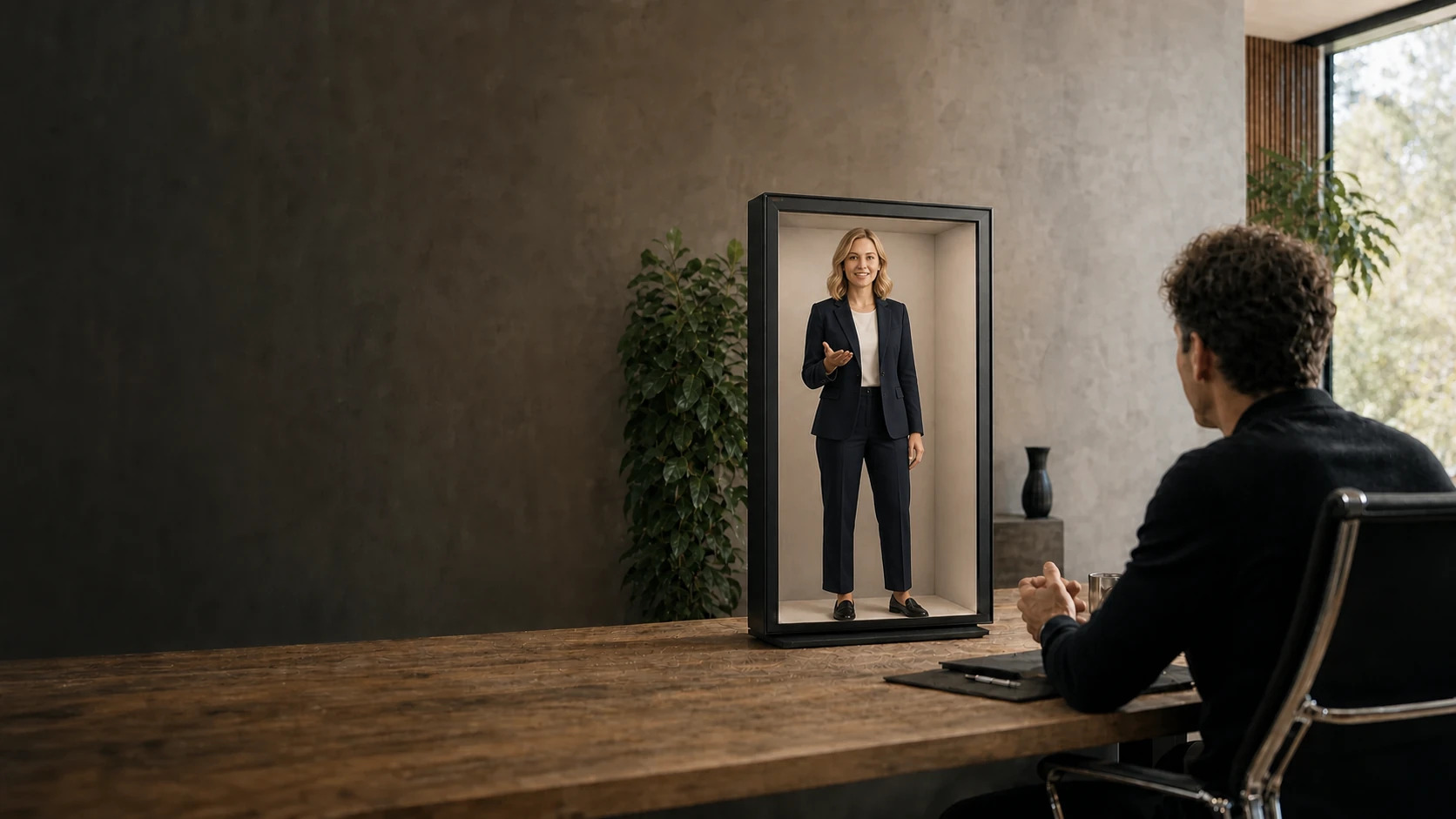 A person appearing inside a bounded Reality Relay spatial display chamber