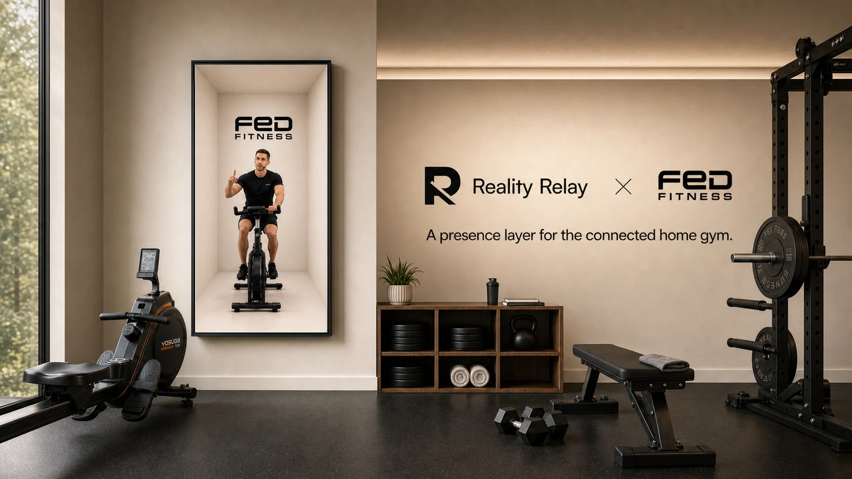 Reality Relay and FED Fitness co-branded connected home-gym concept featuring a bounded presence space