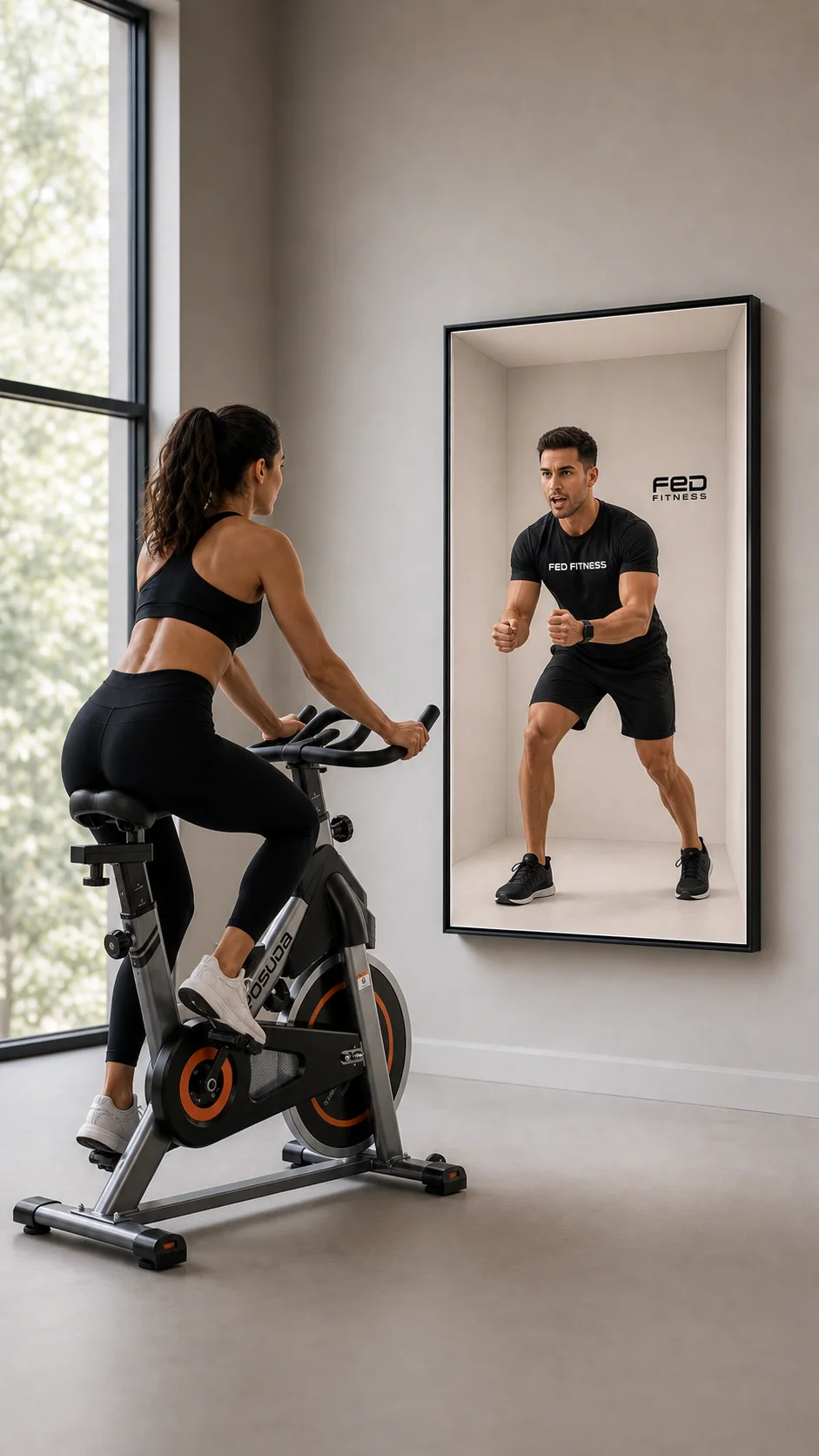 Relay Frame 46 presenting a full-body coach beside an exercise bike