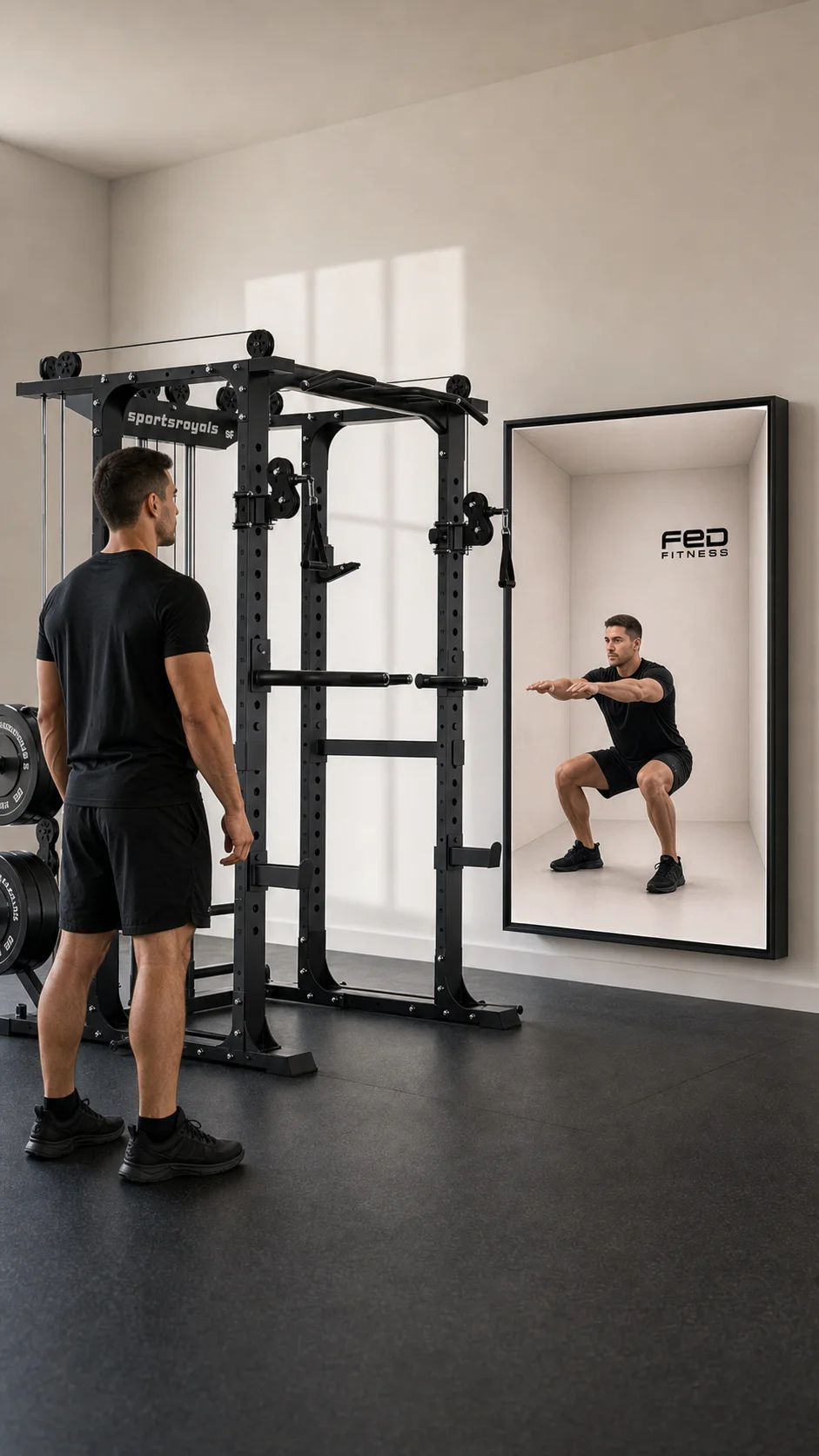 Relay Frame 46 demonstrating strength-training setup beside a rack