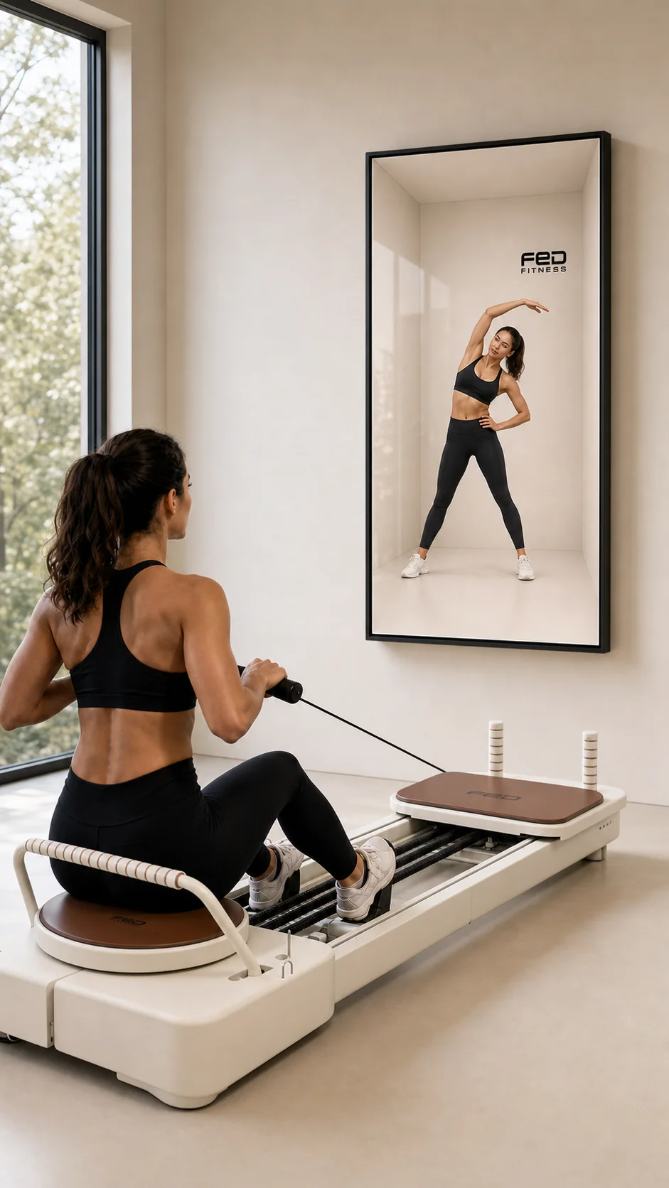 Relay Frame 46 guiding a movement session beside a Pilates reformer