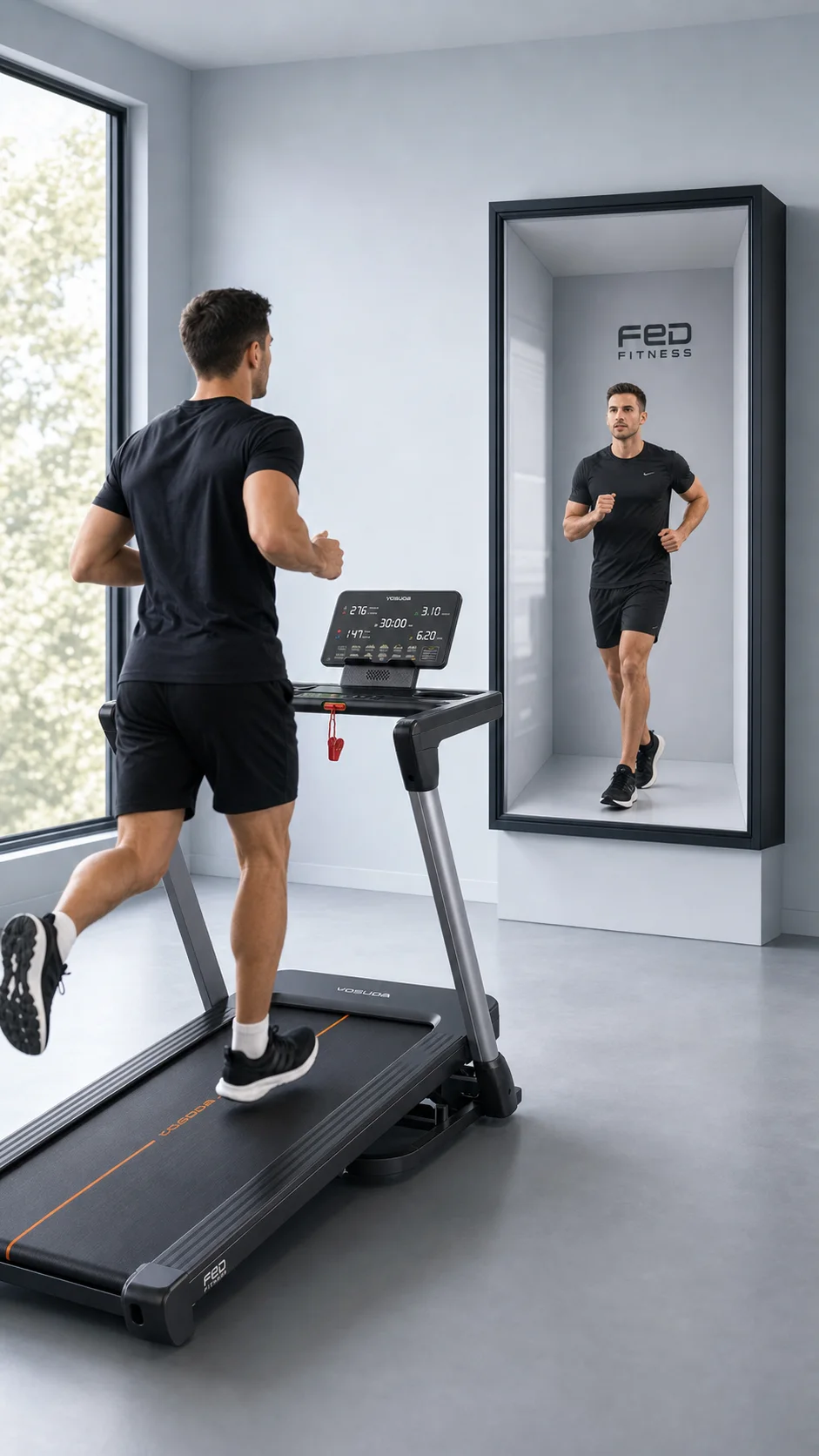 Relay Frame 46 presenting a full-body coach beside a treadmill