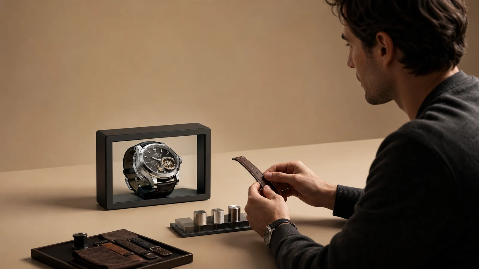 Watch designer comparing physical material samples with a relit mechanical-watch twin inside a compact optical chamber