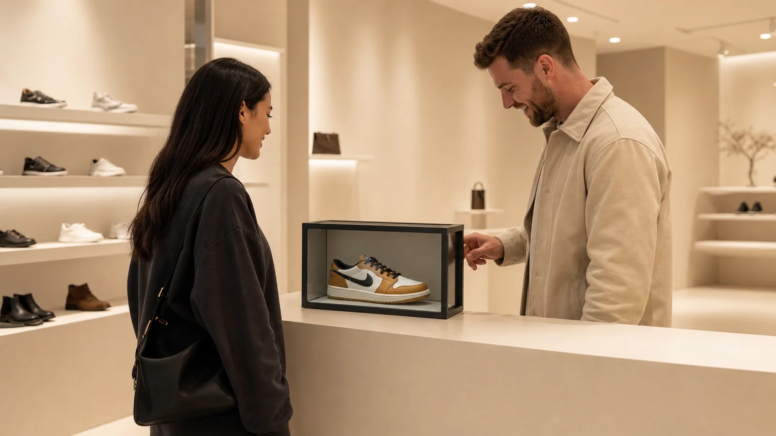 Customer and sales associate viewing a dimensional sneaker twin in a compact retail presence chamber