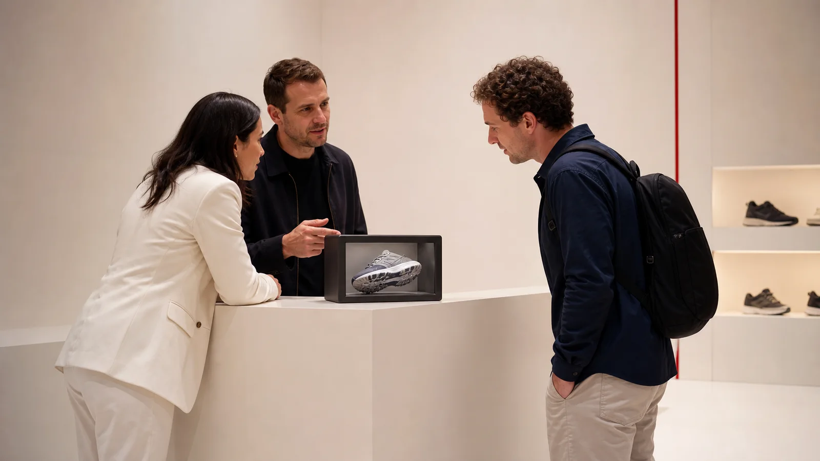 Trade-show presenter explaining a dimensional running-shoe twin inside a Reality Relay chamber