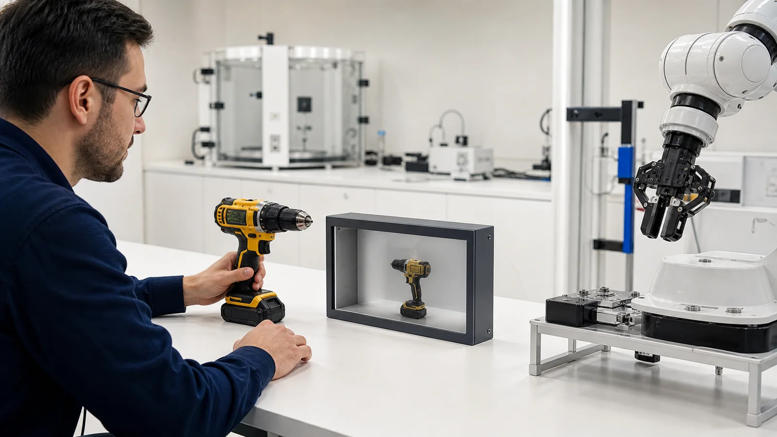 Robotics engineer comparing a physical power drill, robot gripper and dimensional digital twin