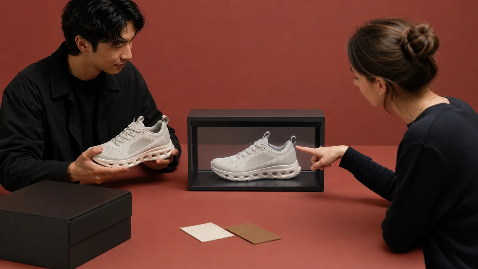 Two designers comparing a physical sneaker with its dimensional twin inside a compact tabletop chamber