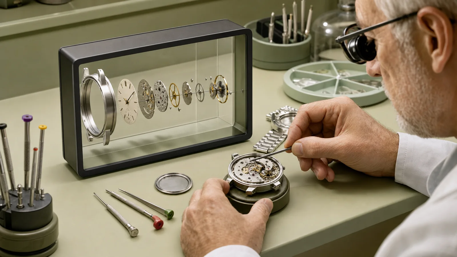Watchmaker comparing a real watch movement with its dimensional exploded assembly inside a 10-inch presence chamber