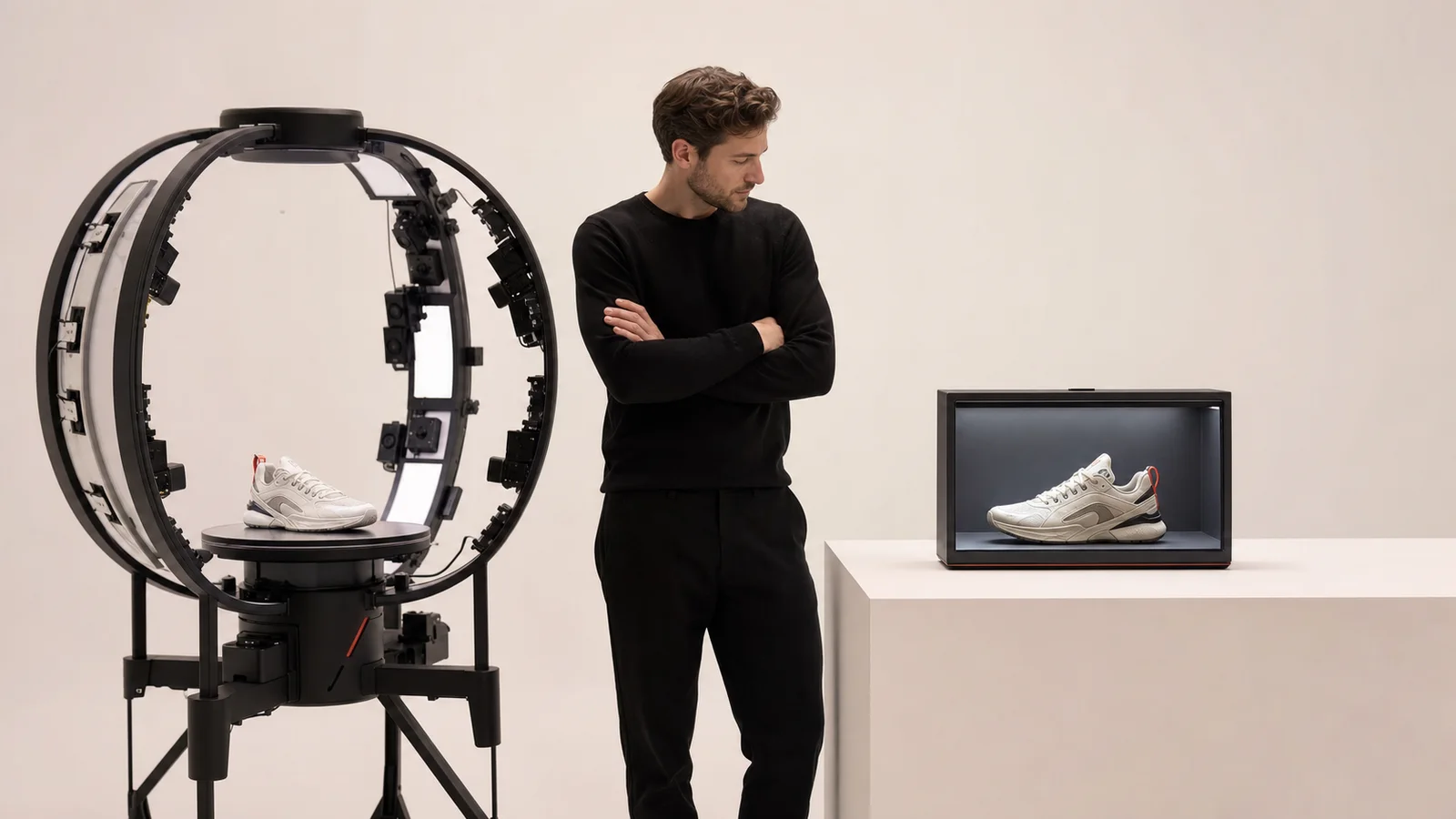 A product designer comparing a physical sneaker in an automated 3D scanner with its twin inside a compact tabletop Reality Relay optical chamber