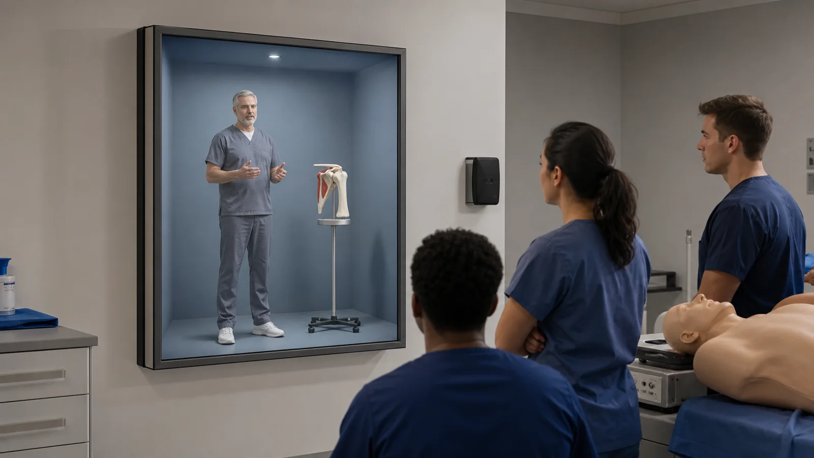 Remote clinical educator grounded inside a bounded training chamber beside an anatomical shoulder model
