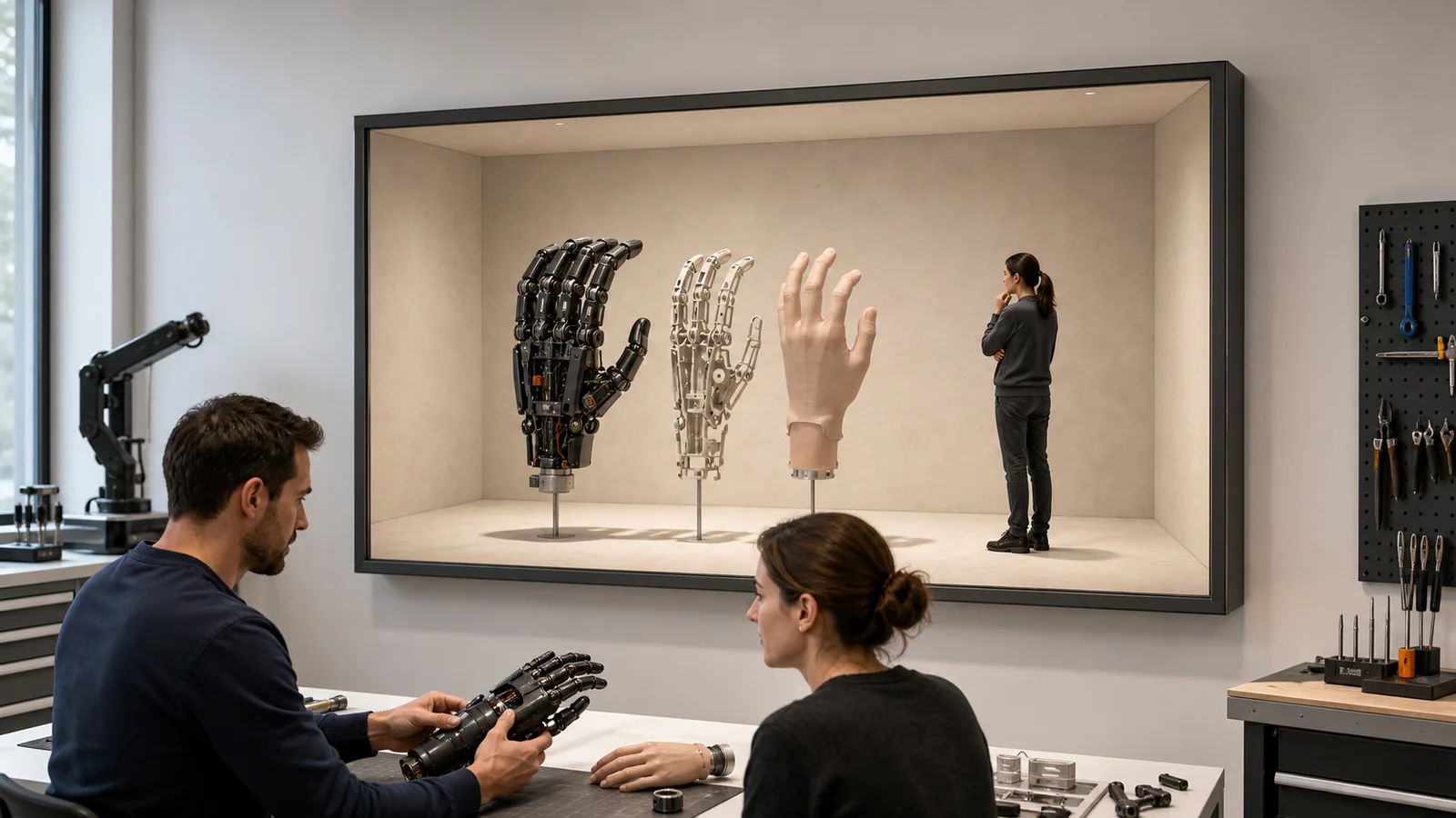 Biomedical designers comparing a real prosthetic hand with layered assemblies inside a Reality Relay chamber