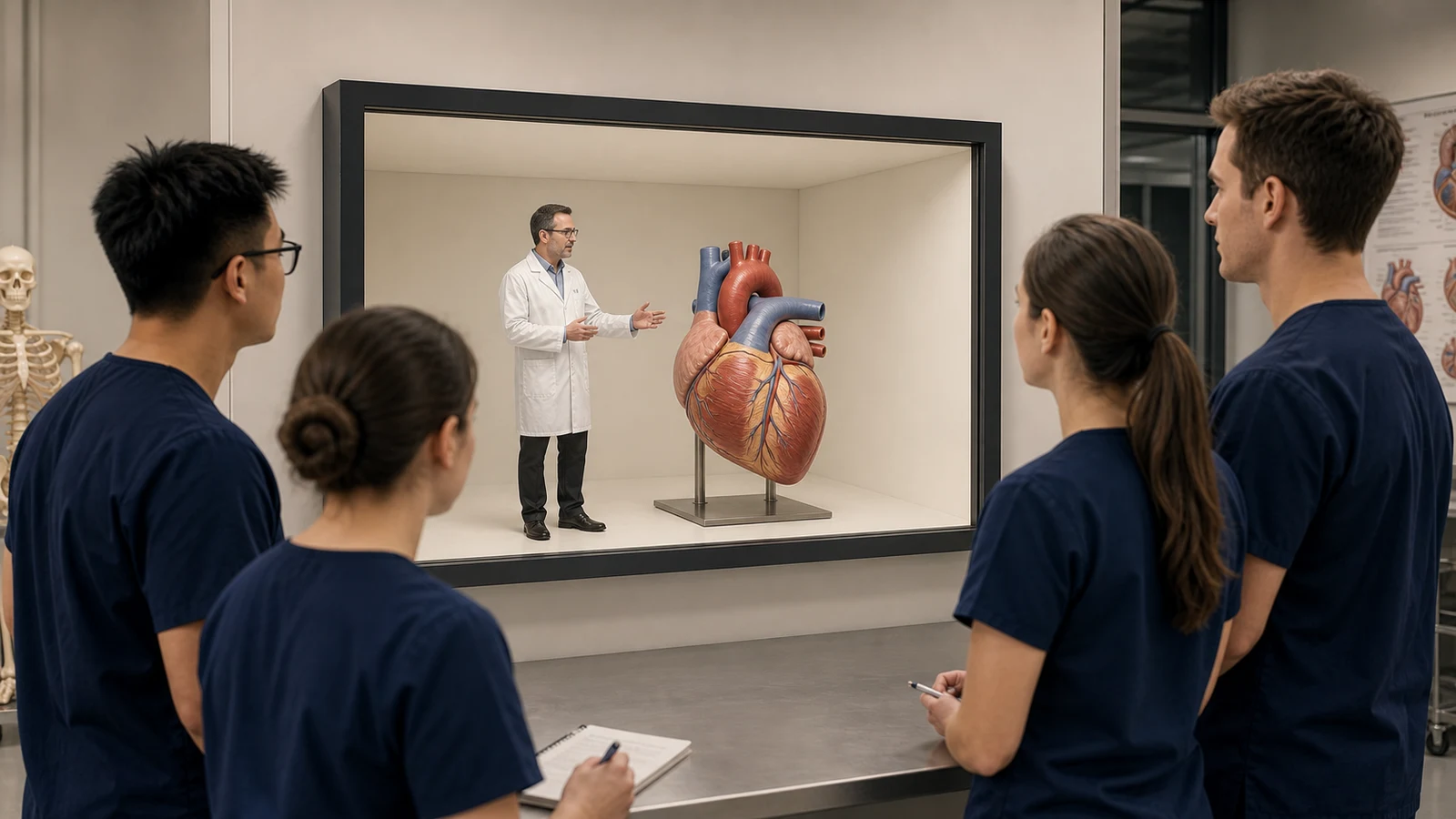Health-science students studying a supported heart model and remote educator inside a Reality Relay chamber
