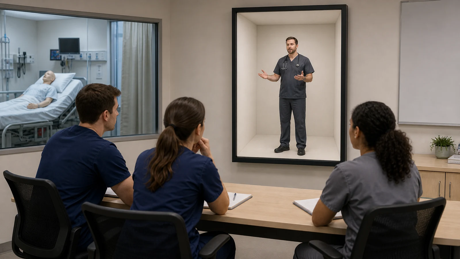 Remote educator grounded inside a portrait Reality Relay chamber leading a non-clinical simulation debrief