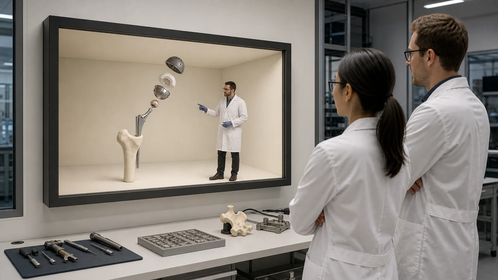Biomedical engineers reviewing an orthopedic implant and remote specialist inside a bounded Reality Relay chamber