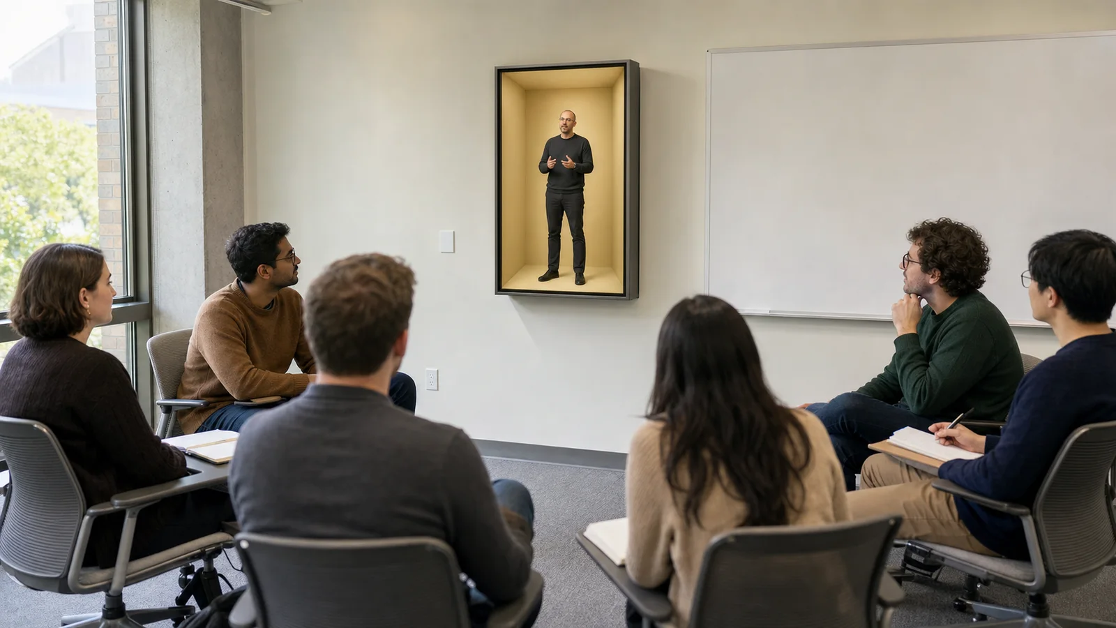 Remote guest lecturer grounded inside a portrait Reality Relay chamber in a graduate seminar