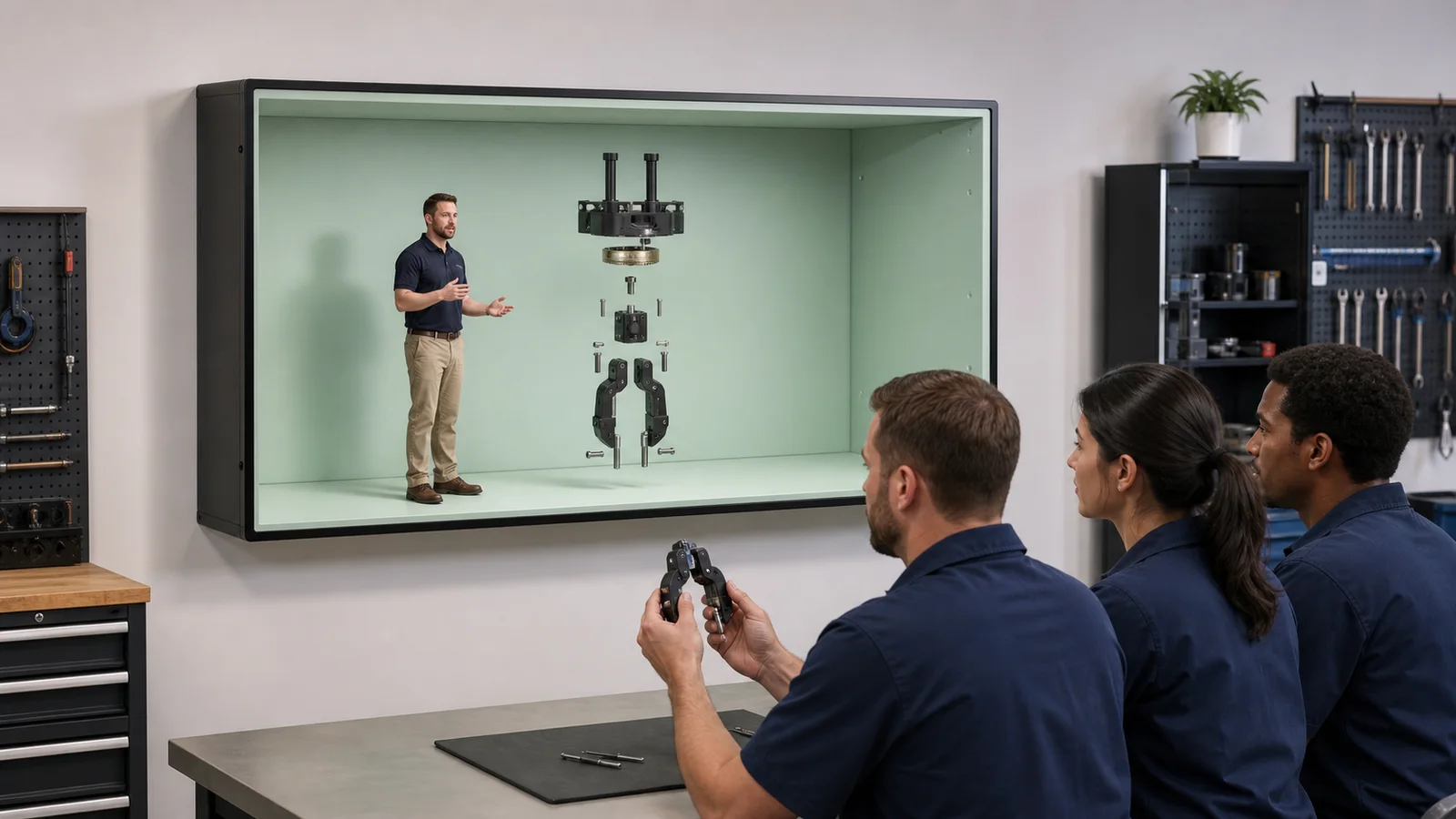Remote instructor and exploded robotic gripper inside a bounded vocational training chamber