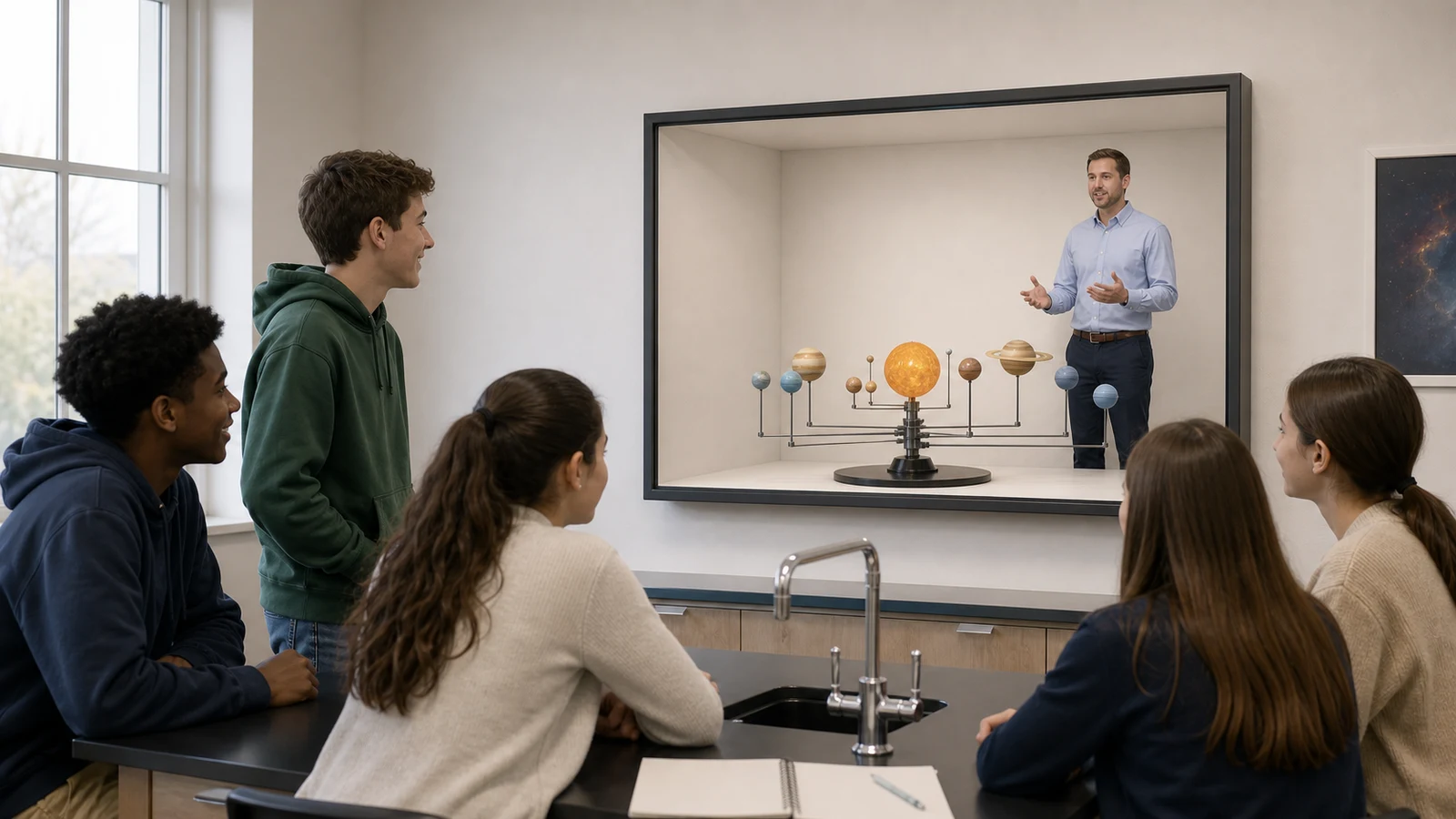 Science educator and supported solar-system model situated inside a bounded classroom presence chamber