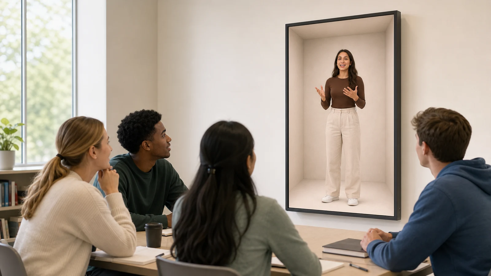 Remote conversation partner grounded inside a portrait Reality Relay chamber engaging a language class