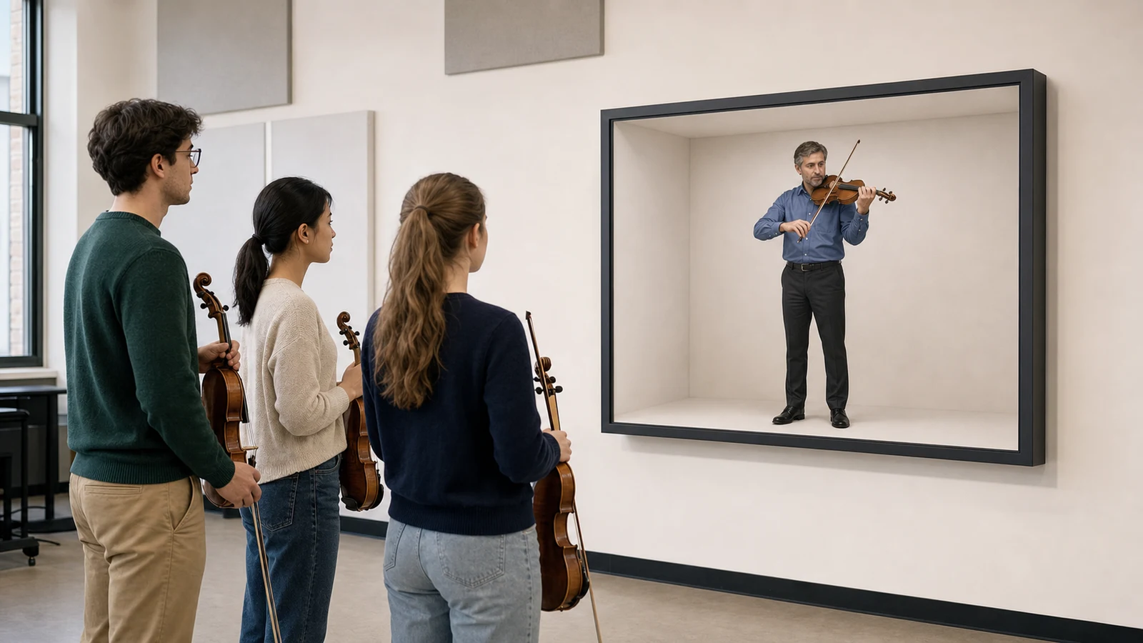 Remote violin professor grounded inside a landscape Reality Relay chamber leading a music masterclass