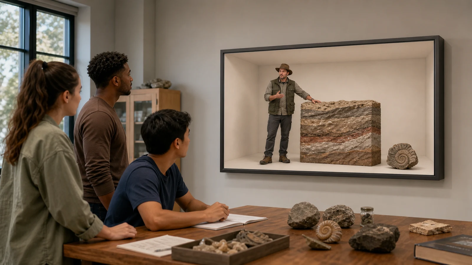 Remote geologist beside supported rock strata and fossil models inside a Reality Relay chamber