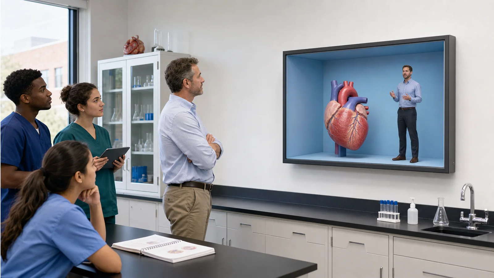 Health-science students studying a heart model and remote instructor inside a bounded Reality Relay chamber