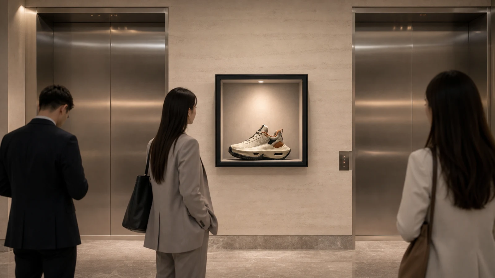 A dimensional footwear product occupying a compact Reality Relay Frame in an office elevator lobby