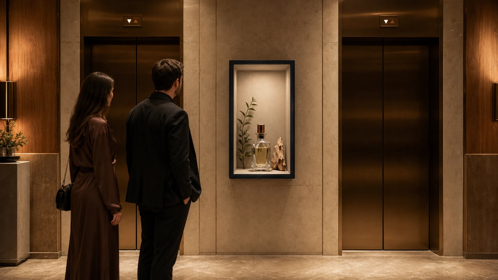A fragrance bottle and botanical objects occupying a portrait Reality Relay Frame in a hotel elevator lobby
