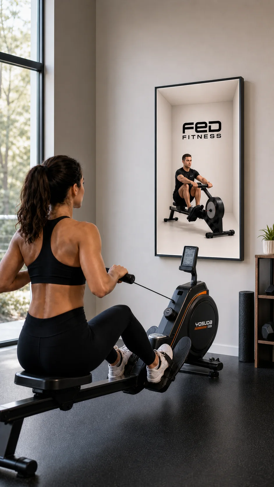 Relay Frame 46 presenting a full-body rowing coach in a bounded optical presence space