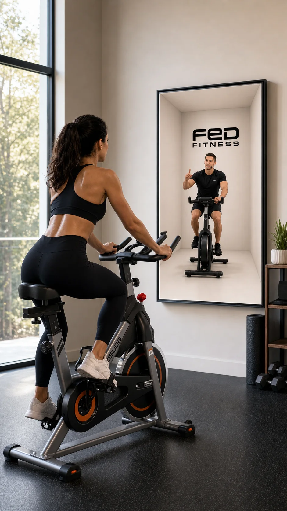 Human-scale cycling coach in a bounded optical presence chamber beside an exercise bike