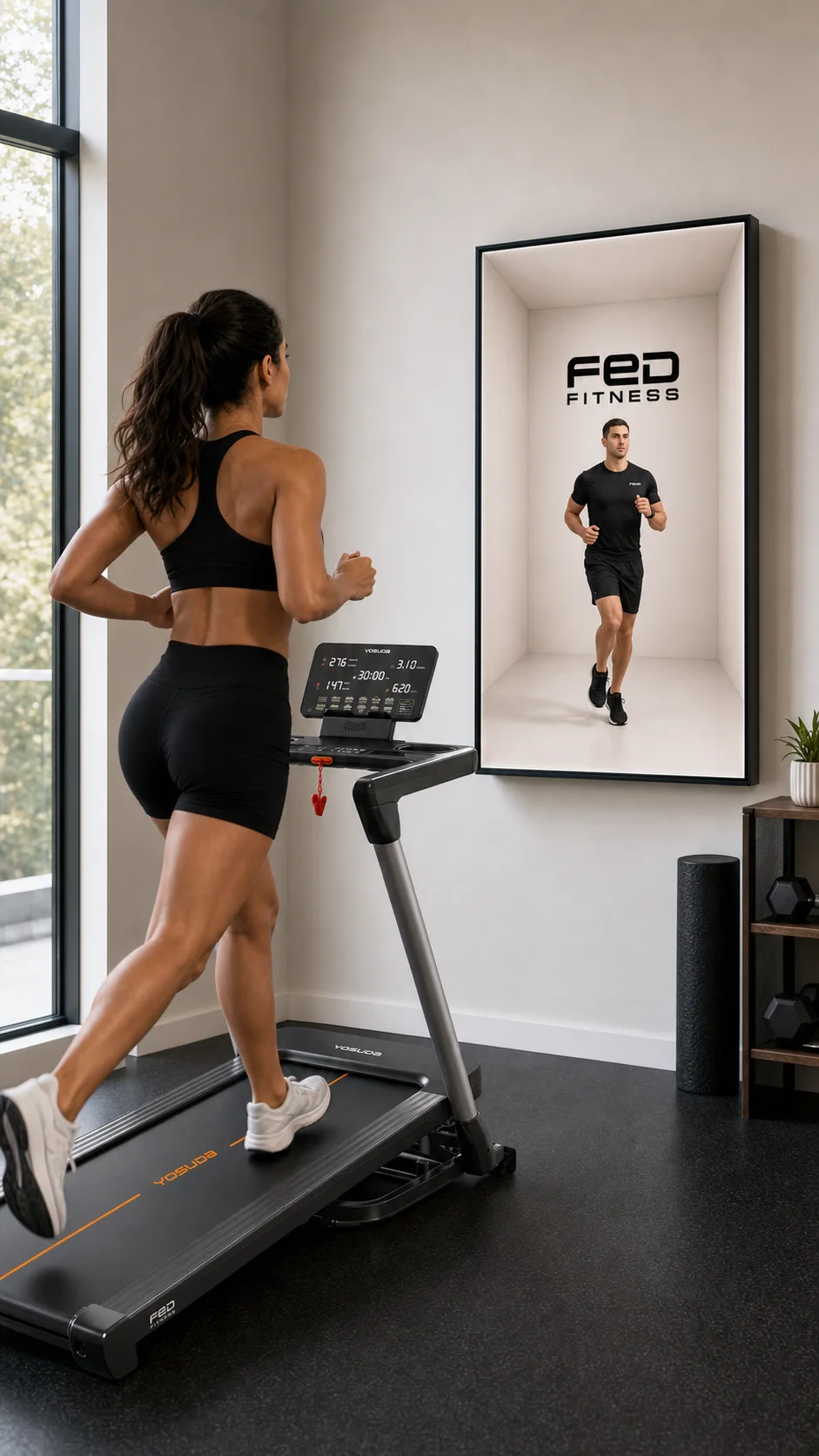 Human-scale running coach in a bounded optical presence chamber beside a treadmill