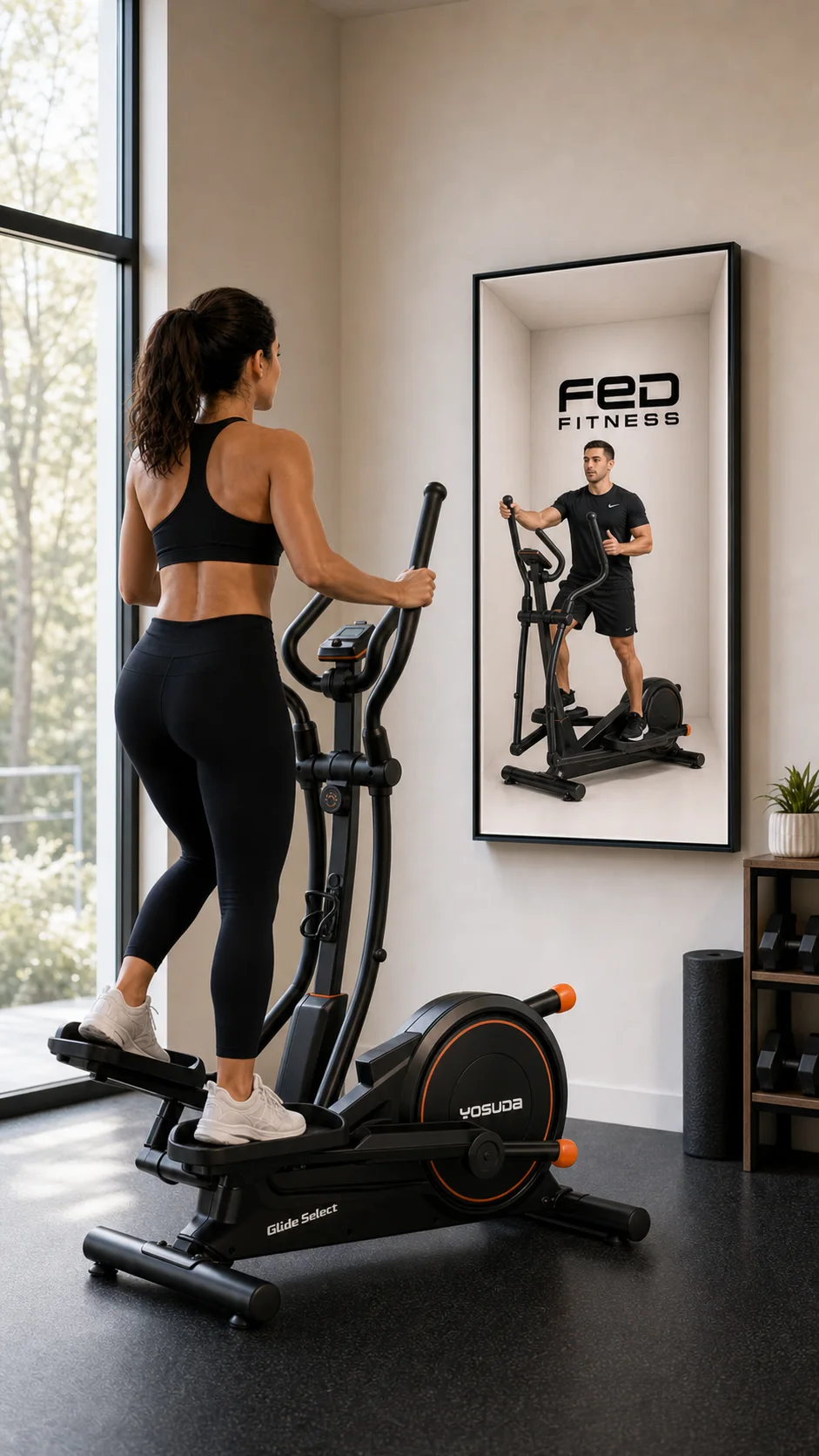Spatial coach situated beside a FED Fitness elliptical in a concept visualization
