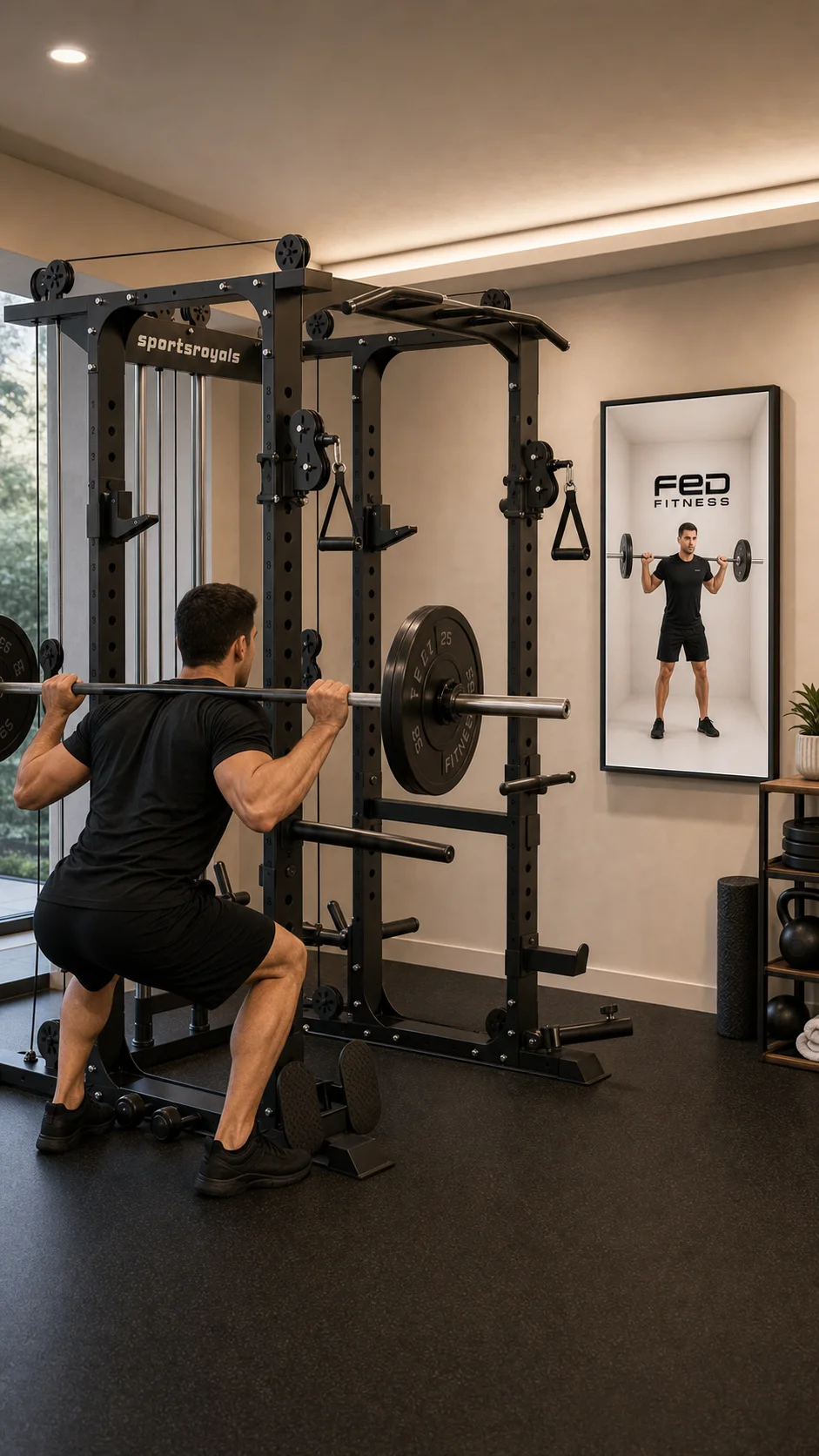 Spatial strength coach beside a FED Fitness rack in a concept visualization