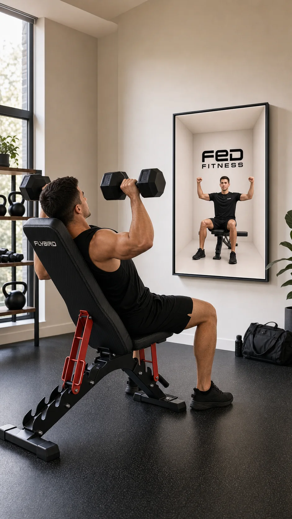 Human-scale coach beside a FED Fitness training bench in a spatial coaching concept