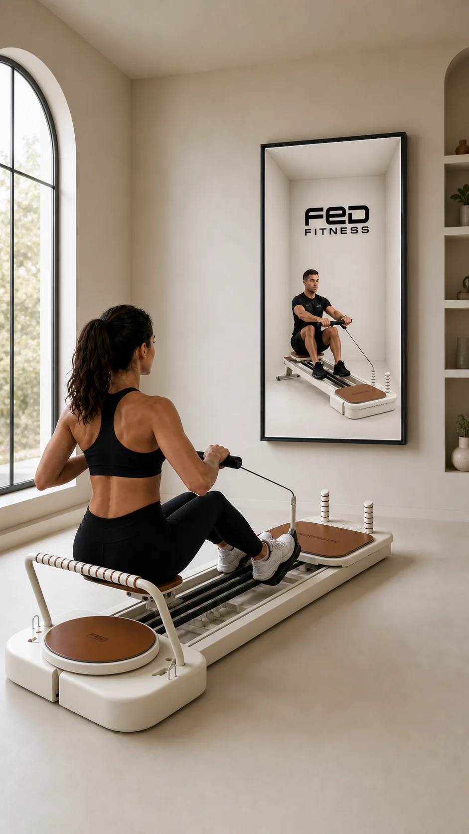 Human-scale Pilates coach in a bounded optical space beside a reformer