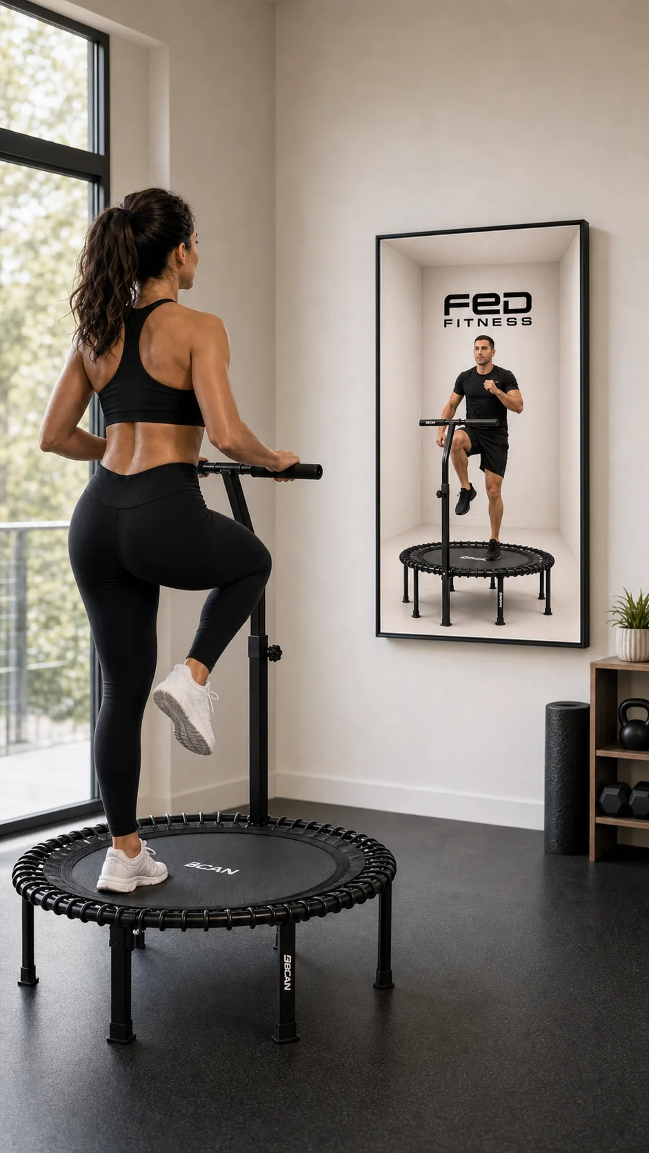Human-scale movement coach beside a compact rebound trainer in a concept visualization