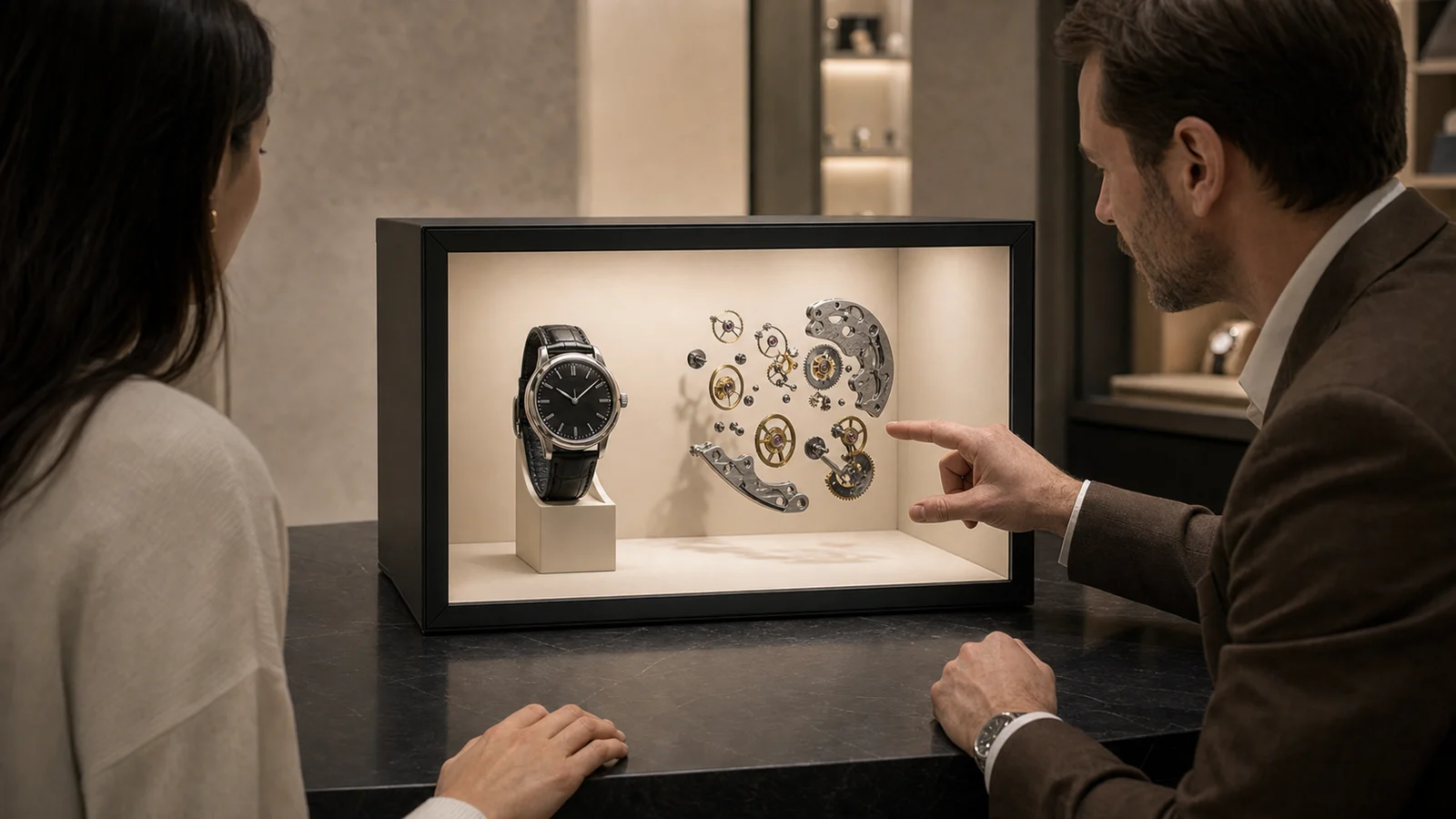 A watch specialist explaining a full-scale watch and its dimensional movement architecture