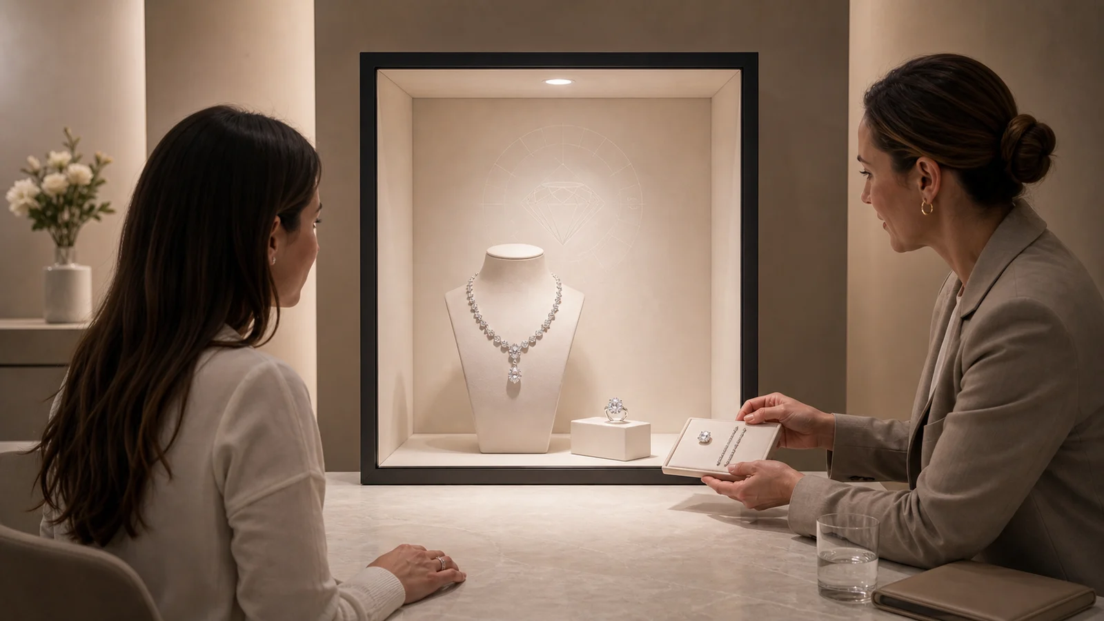 A private client comparing physical jewelry samples with a dimensional necklace and ring
