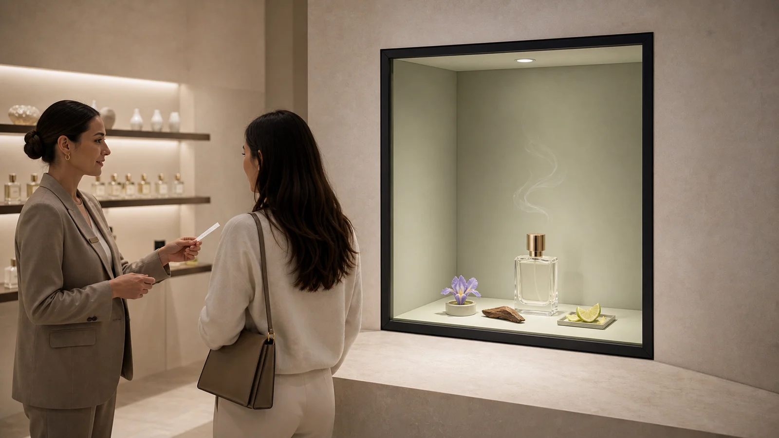 A fragrance consultation showing a bottle and its ingredients inside a bounded spatial chamber