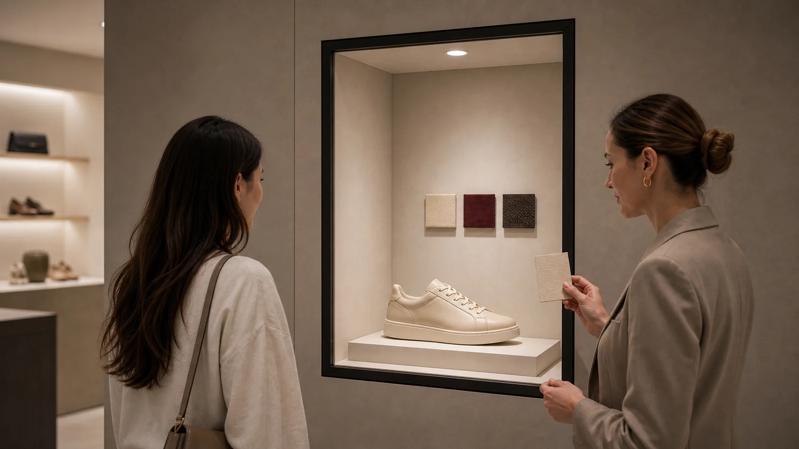 A customer comparing a physical leather swatch with a full-scale dimensional luxury shoe