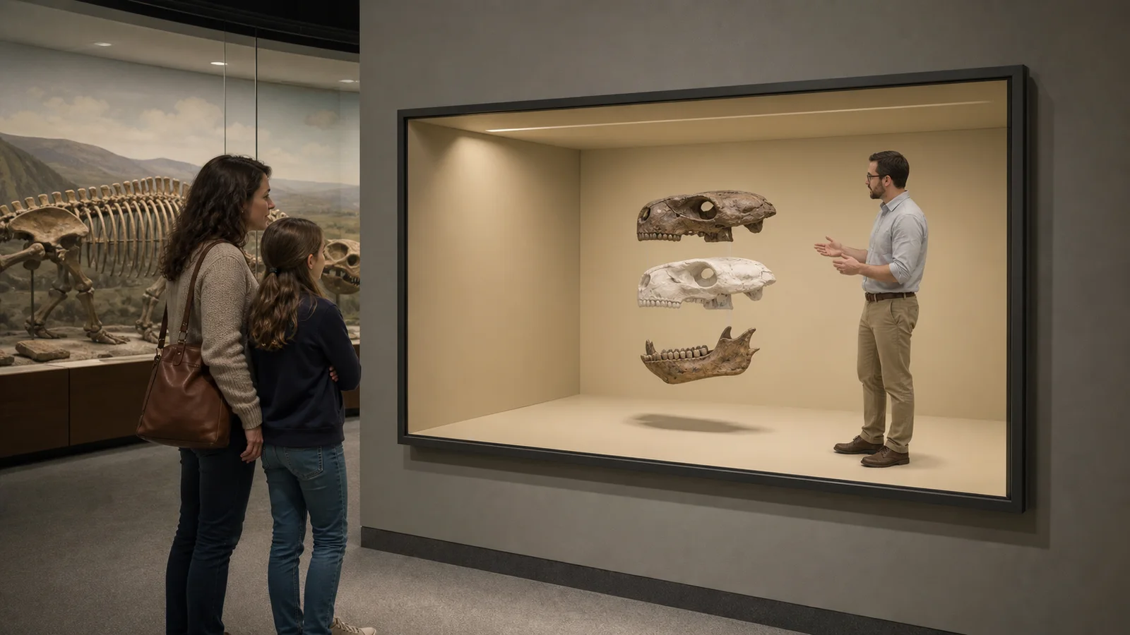 Paleontologist and layered fossil reconstruction inside a bounded museum presence chamber