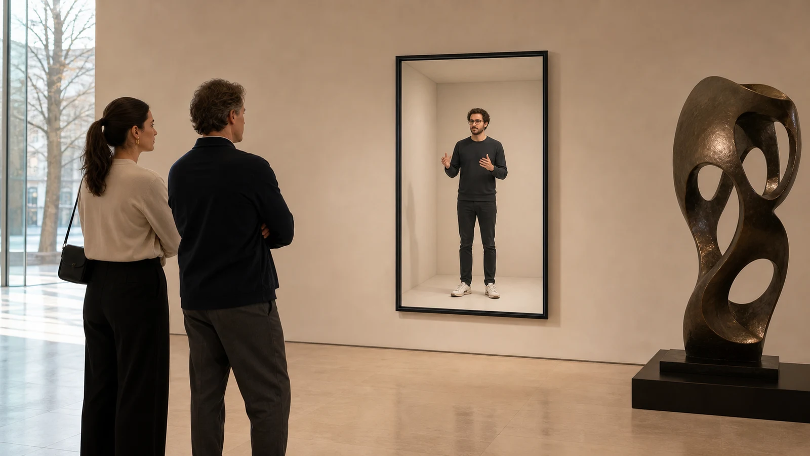 Contemporary artist grounded inside a portrait Reality Relay chamber speaking with visitors beside an abstract sculpture