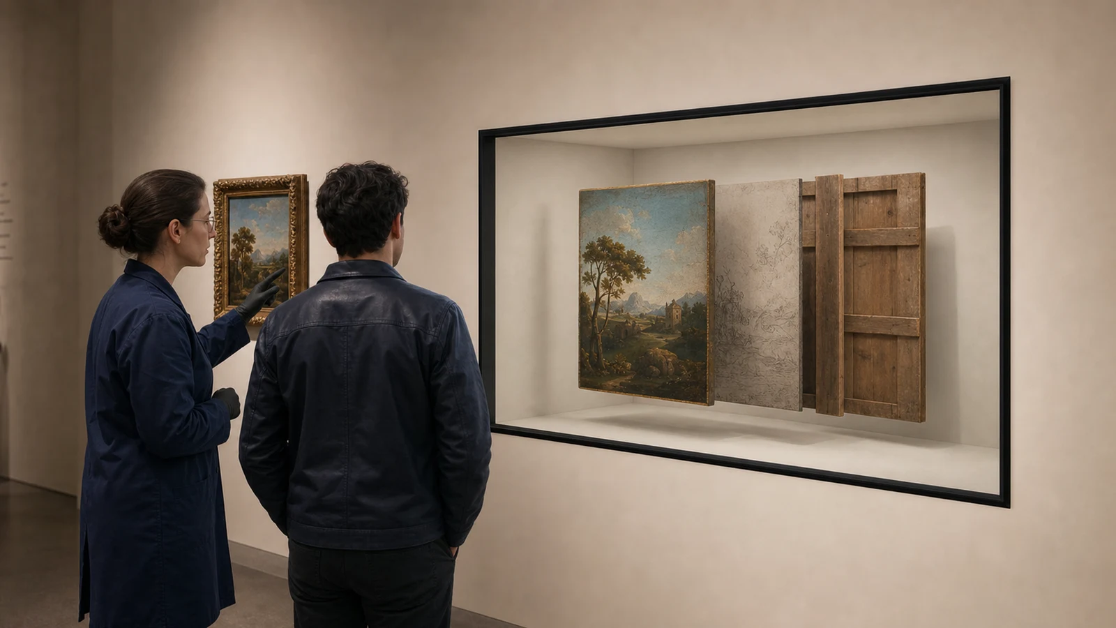 Conservators comparing the visible surface, underdrawing and support layers of a painting inside a bounded optical chamber