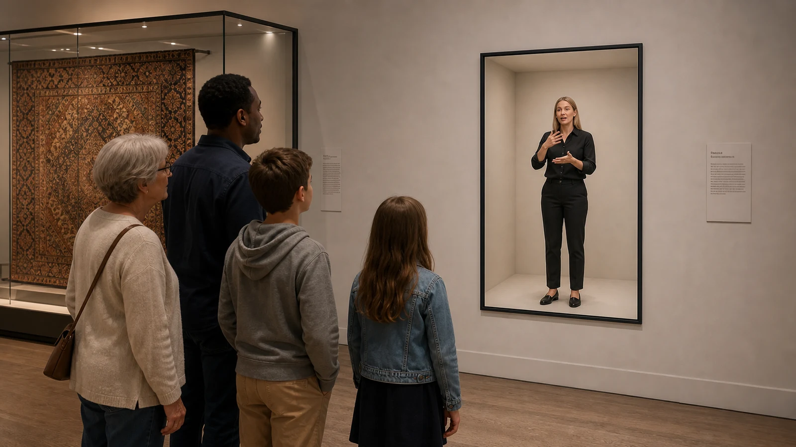 Sign-language interpreter grounded inside a portrait Reality Relay chamber beside a museum textile display