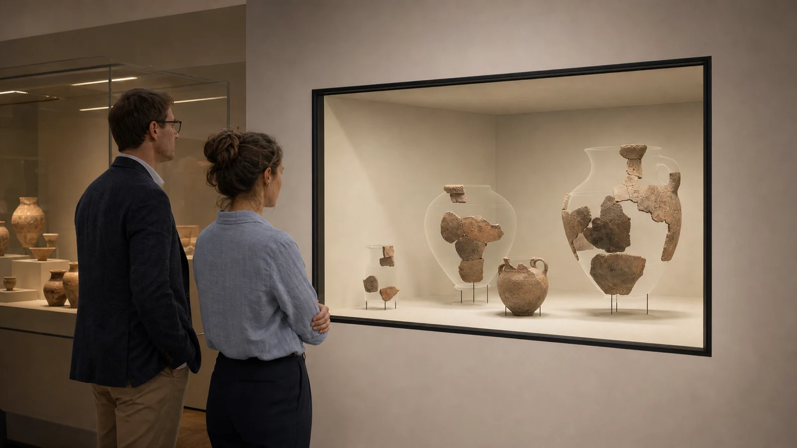 Archaeologists studying supported ceramic fragments and reconstructed vessel geometry inside a Reality Relay chamber