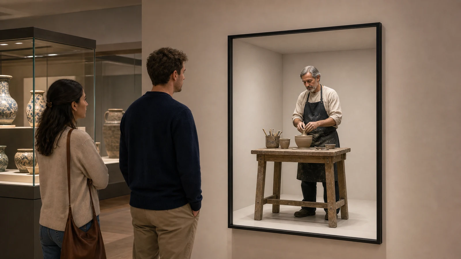Master ceramicist grounded inside a portrait Reality Relay chamber demonstrating historical craft techniques