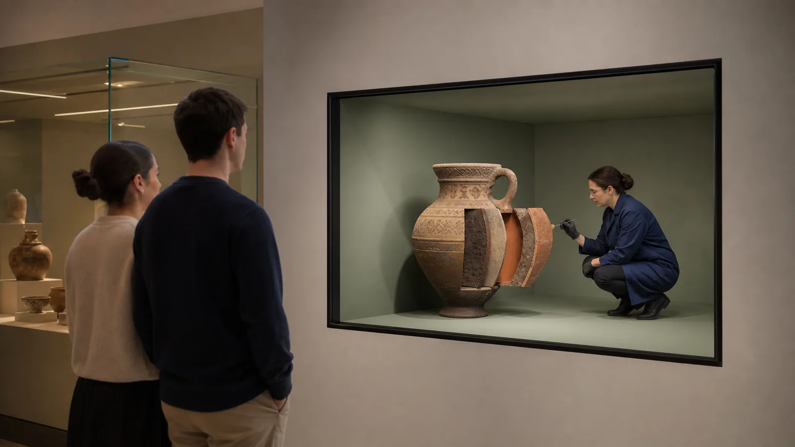 Visitors studying an ancient vessel and remote conservator inside a bounded Reality Relay optical chamber