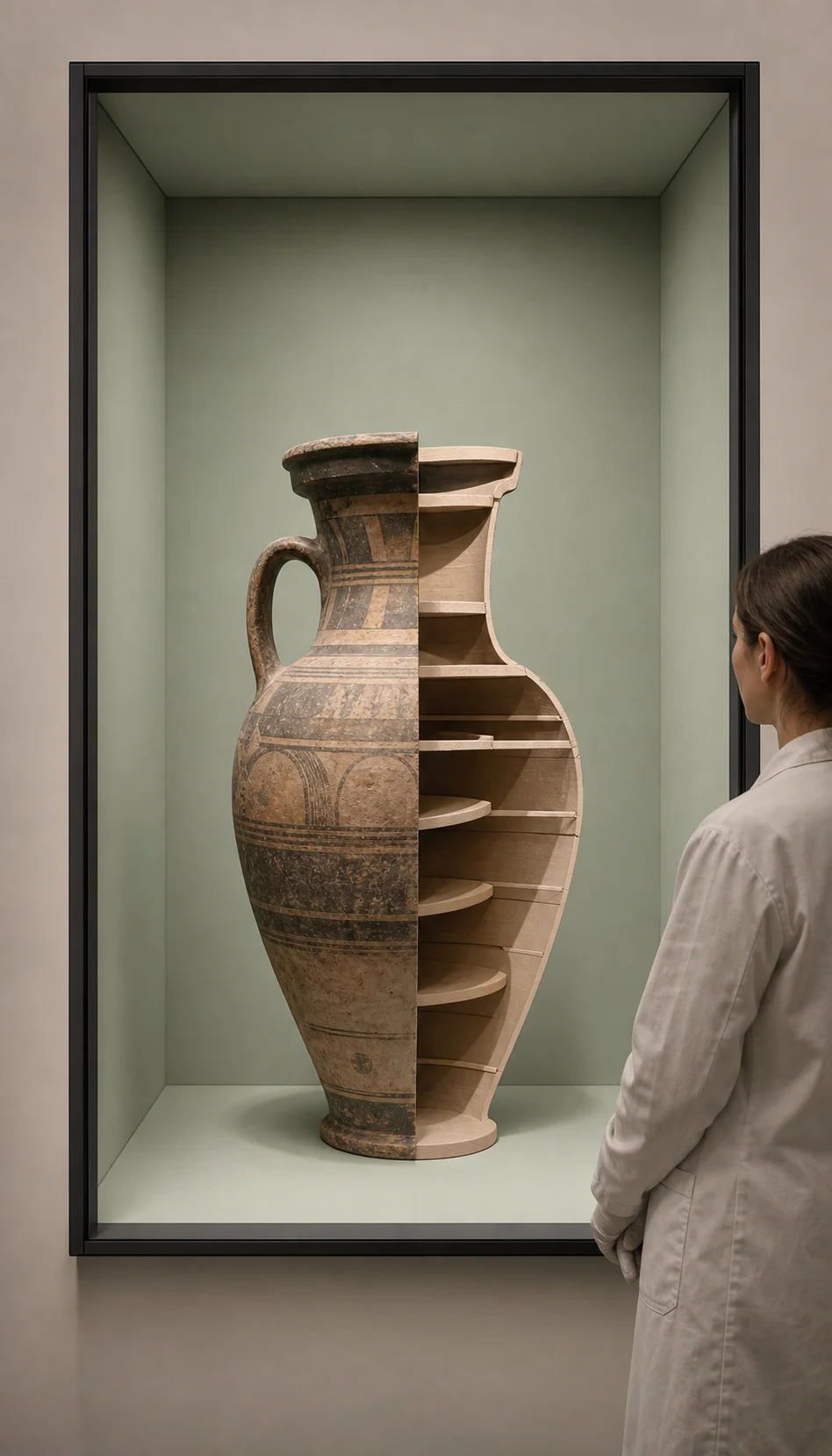 Ancient vessel shown complete and in sectional reconstruction