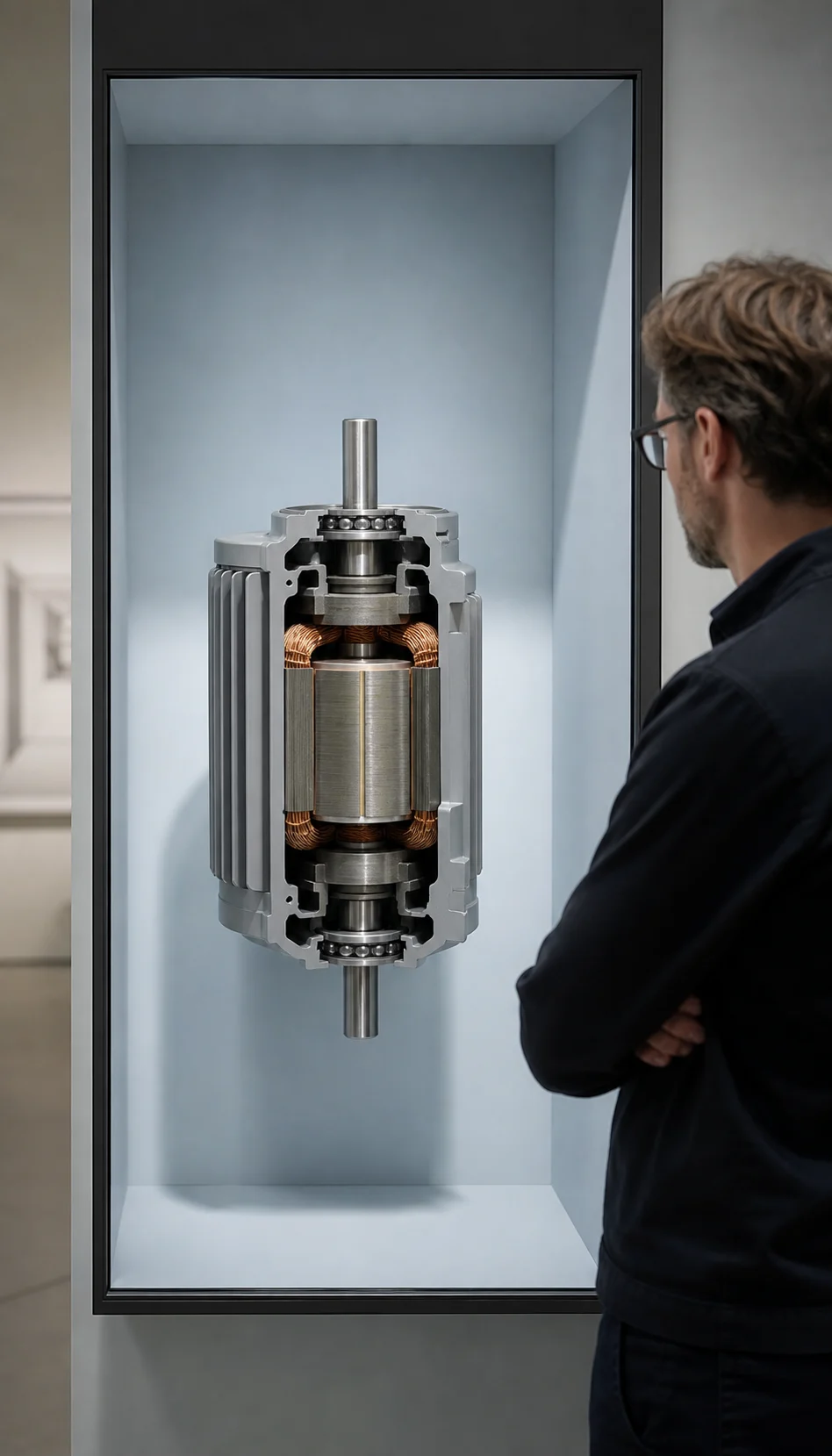 Electric motor shown as a dimensional cutaway
