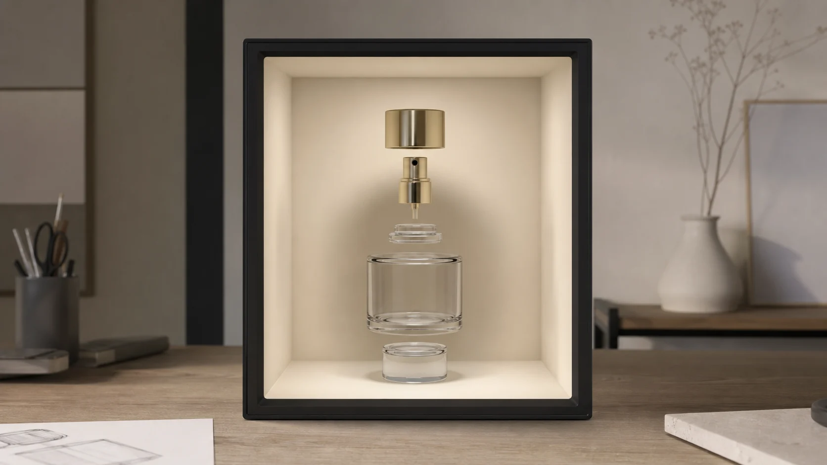Compact exploded fragrance bottle