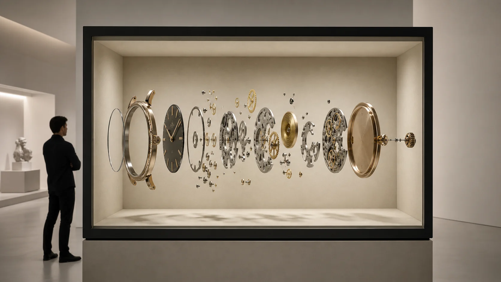 Exploded mechanical watch shown inside a bounded Reality Relay optical chamber